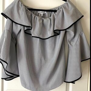 Kontrol Contemporary Navy & White Ruffle Blouse Bell Sleeves NWOT
